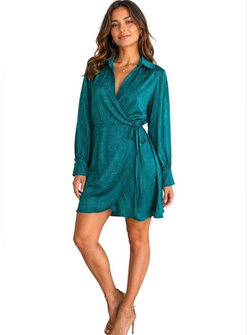 NWT Art Dealer Silk Wrap Mini Dress Satin Rhinestone Embellished Size Large